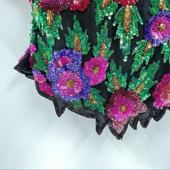Laurence Kazar Beaded Pink Black and Purple Silk Floral Top, size Large - Picture 6 of 7